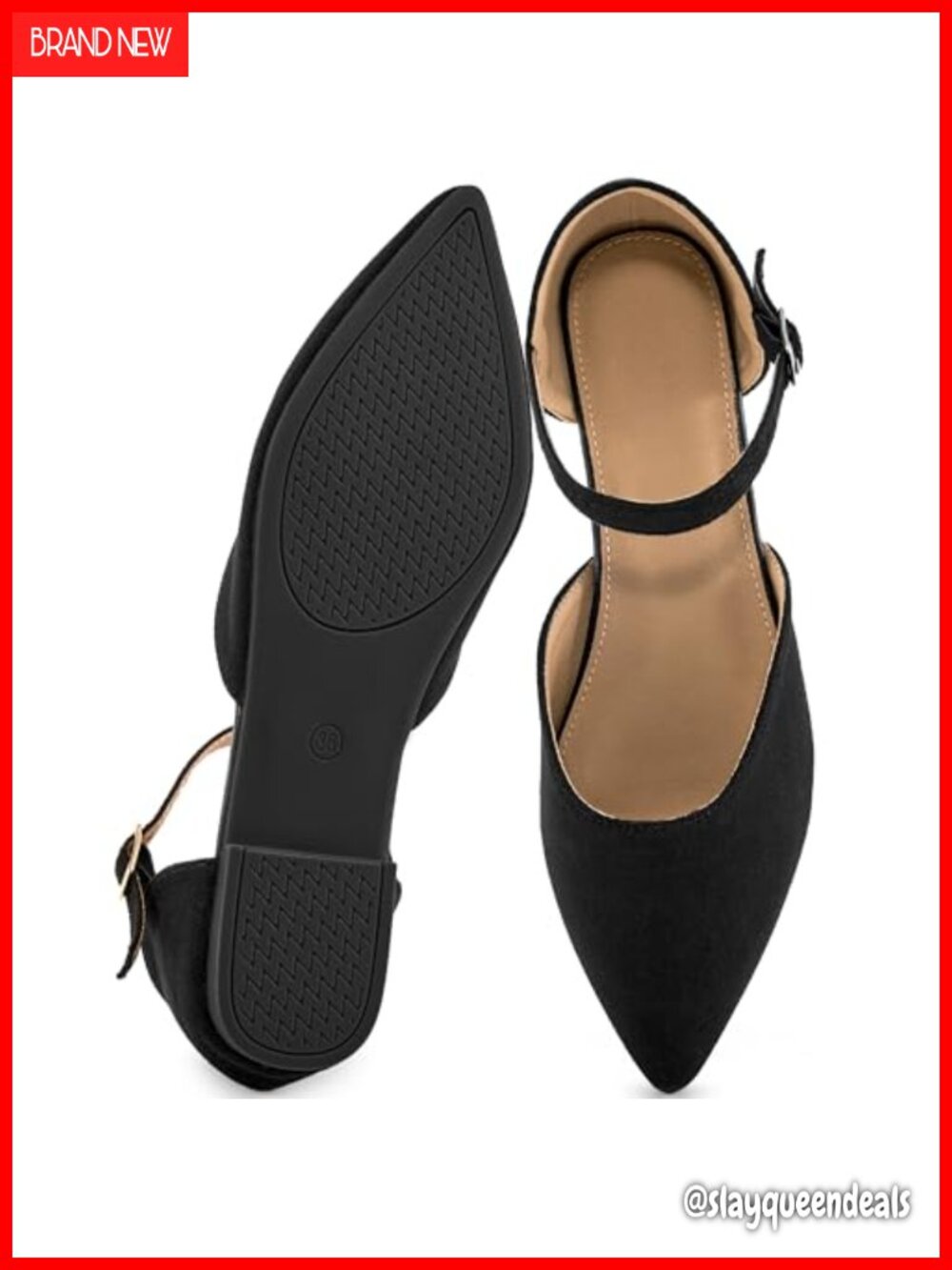 Womens Pointed Toe Ballet Flats Faux Suede Ankle Strap Comfort Dressy Work